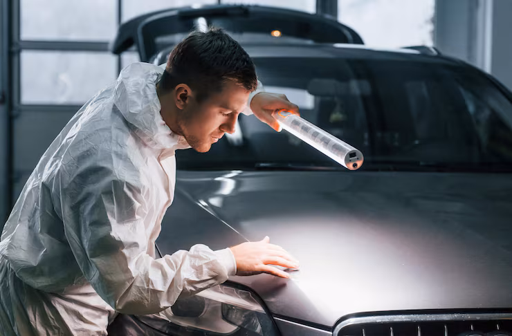 Profissional realizando inspeção de pintura, reforçando a manutenção proativa do Ceramic Coating.